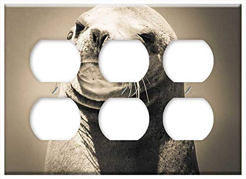 Triple Duplex Outlet Wall Plate Cover - Seal Portrait Whiskers Animal Mammal Elegant