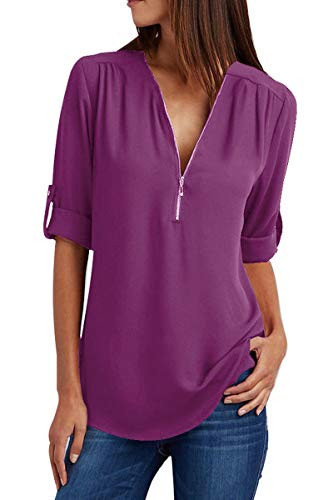 YMING Womens Chiffon Casual Blouse Roll Up Sleeve Solid Color Shirt Purple 3XL