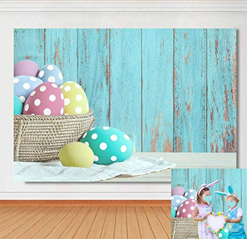 Easter Spring Theme Photography Backgrounds Easter Colorful Eggs Backdrops Blue Wooden Wall Photo Background Baby Newborn Children Easter Party Decoration Studio Props 5x3ft Vinyl Banner