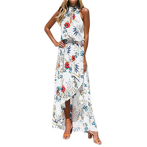 Xinantime Women Boho Floral Long Maxi Dress Summer Beach Sundress Sleeveless Evening Party Dresses White