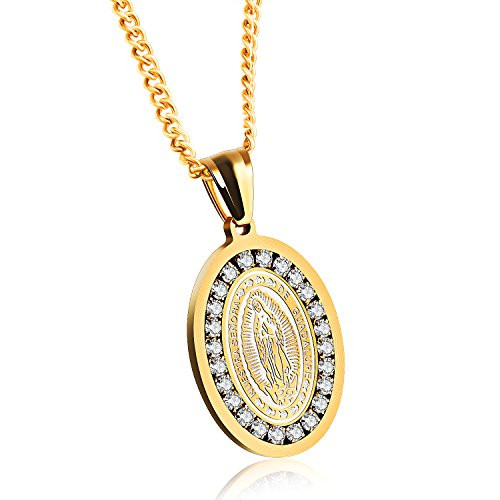 Stainless Steel Cubic Zirconia Our Lady of Guadalupe Virgin Mary Oval Medal Necklace Gold Color