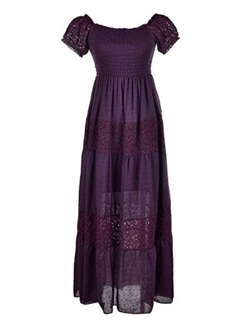 Anna-Kaci Womens Off Shoulder Boho Lace Semi Sheer Smocked Maxi Long Dress  Purple  Medium