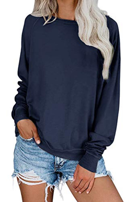 Yanekop Womens Solid Loose Crewneck Sweatshirt Casual Long Sleeve Pullover Tops Shirt Navy Blue M