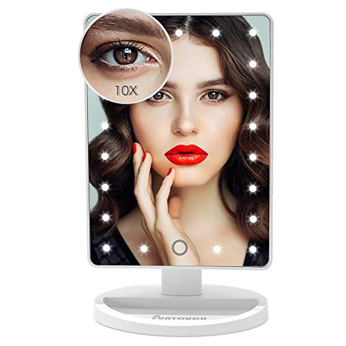 FUNTOUCH Lighted Makeup Mirror with 21 LED Lights, Makeup Vanity Mirror with Touch Screen Dimming, Detachable 10X Magnification Clarity Cosmetic Mirror USB or Battery Dual Power Supply(White)