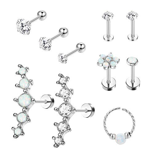 SAILIMUE 10Pcs 16G Stainless Steel Cartilage Earrings Stud for Women Men Helix Tragus Daith Earrings Conch Piercing Jewelry Cartilage Earring Hoop CZ Stud Earrings Set