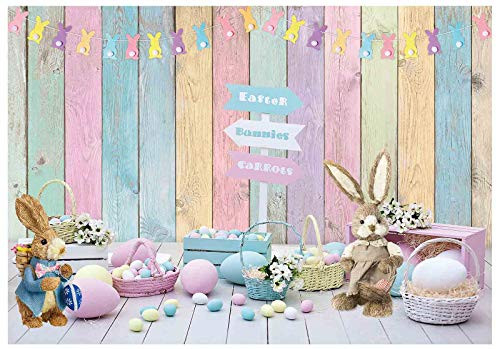 Funnytree 7x5ft Spring Easter Photography Backdrop Rustic Wooden Wall Colorful Eggs Rabbit Bunny Background Baby Shower Kids Birthday Party Decor Portrait Banner Photo Booth Studio Props Mini Session
