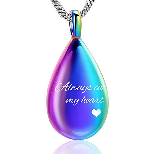 Yinplsmemory Carved Teardrop Keepsake Ashes Necklace Urn Pendant Cremation Memorial Jewelry Always in my heart rainbow Yinplsmemory Carved Teardrop Keepsake Ashes Necklace Urn Pendant Cremation Memorial Jewelry Always in my heart rainbow