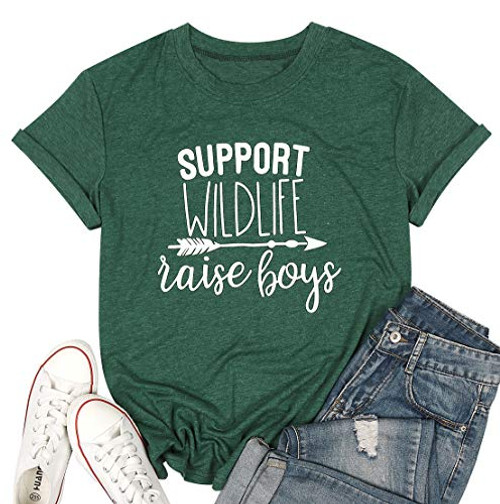 Support Wildlife Raise Boys T-Shirt for Women Letter Graphic Print Shirts Short Sleeve Casual Tees Tops  M  Green