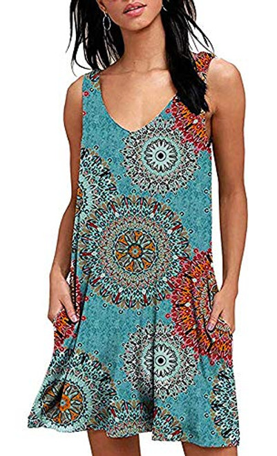 Tshirt Dresses for Women Summer Beach Boho Sleeveless Floral Sundress Pockets Swing Casual Loose Cover Up Blue XL