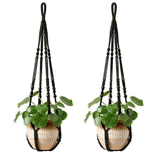 Mkono Macrame Plant Hanger Indoor Hanging Planter Basket with Wood Beads Decorative Flower Pot Holder No Tassels for Indoor Outdoor Boho Home Decor 35 Inch  Black  Set of 2