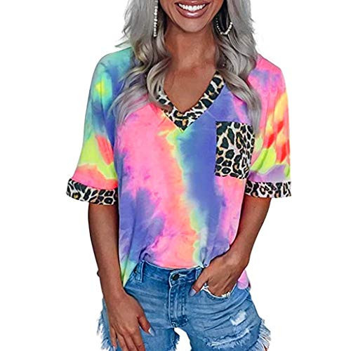 ZEFOTIM Women Casual Tie-DyeT Shirt Summer Leopard Patchwork V Neck Short Sleeve Tops
