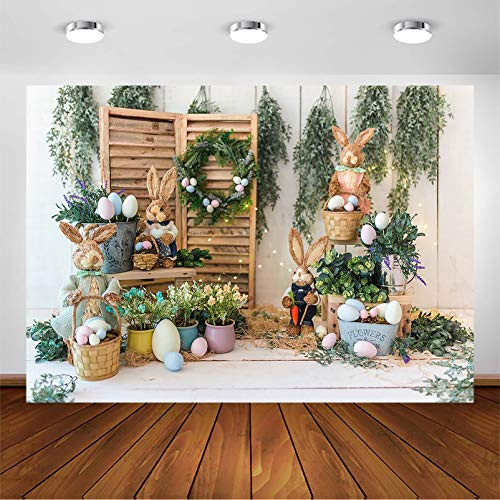 Avezano Spring Backdrop for Photography Rustic White Wood Bunny Rabbit Easter Decoration Background Birthday Decorations Kids Newborn Portrait Photoshoot  7x5ft