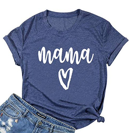 KIDDAD Mama Tshirt Womens Mama Heart Graphic Shirts Mom Letter Printed T-Shirt Funny Short Sleeve Tops Blouse Blue