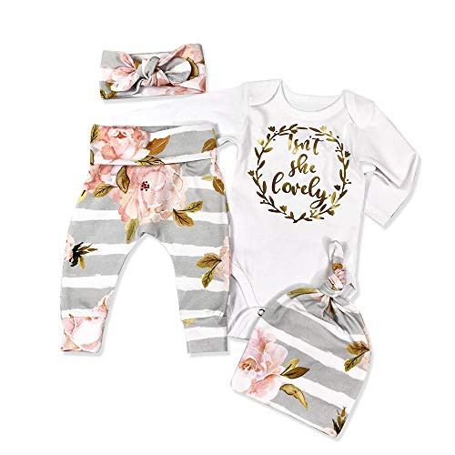 Newborn Baby Girl Clothes Outfits Infant Ruffle Romper Pants Cute Baby Girl Clothes 4PC Set 0-3 Months