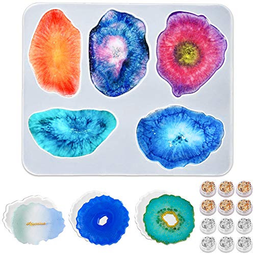 Geode Coaster Molds for Resin  Irregular Agate Coaster Molds with 12 PCS Shiny Gold Leaf  Silicone Coaster Molds  Resin Craft Casting Molds  Epoxy Resin Molds for Making Faux Agate Coaster DIY Crafts