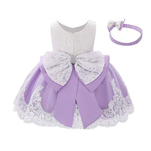 Lace Flower Girls Bowknot Tutu Dress for Kids Baby Christening Baptism Communion Birthday Party Formal Dress Toddler Princess Pageant Wedding Bridesmaid Dance Gown with Headwear Lilac 9-12 Months