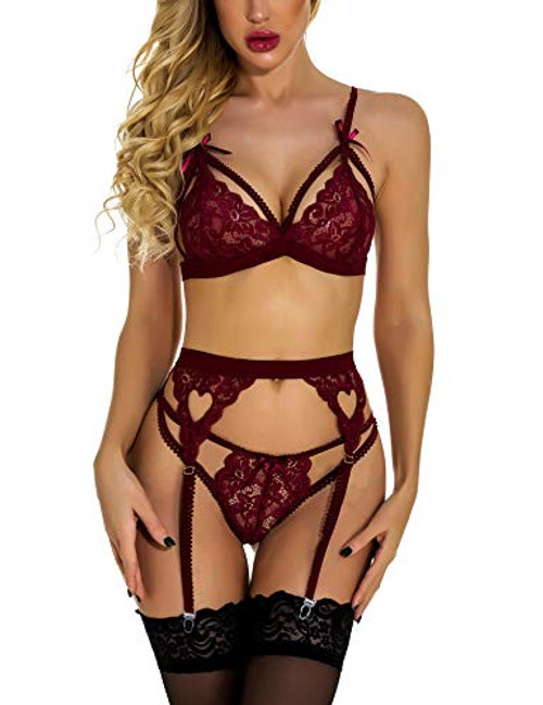 RSLOVE Lingerie Bodysuit for Women Lingerie Sets with Garter Belt 3 Piece Lace Teddy Babydoll Bodysuit Wine Red S RSLOVE Lingerie Bodysuit for Women Lingerie Sets with Garter Belt 3 Piece Lace Teddy Babydoll Bodysuit Wine Red S