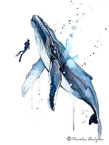 Scuba Diving with Humpback Whale Watercolor Painting Print 8x10 inches  artist Slaveika Aladjova