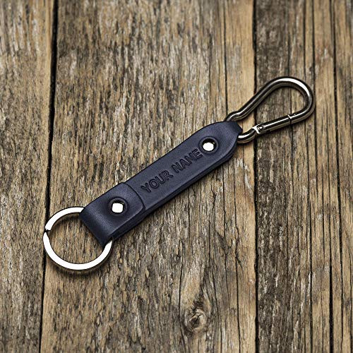 Blue leather key chain  stainless steel carabiner hook  custom text  initials ring  monogrammed keychain  boyfriend fob holder clip keyring engraved personalized groomsmen gift