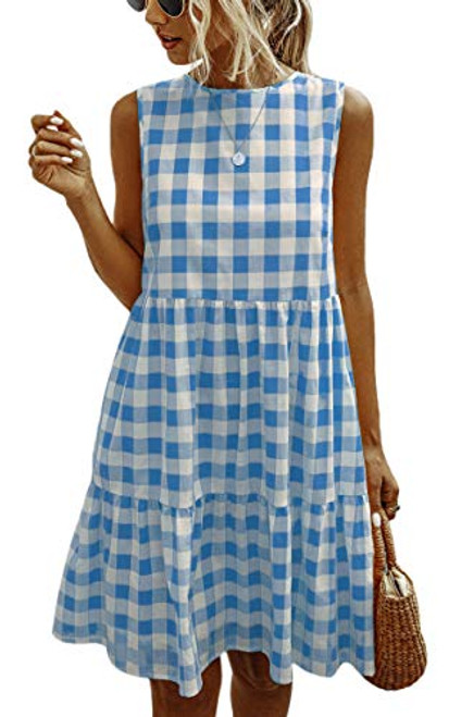 ECOWISH Women Dresses Plaid Sleeveless Summer Casual Sundress A Line Loose Swing T Shirt Mini Dress with Pockets Blue Large