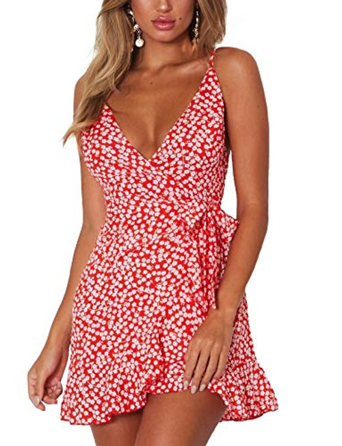 Relipop Women s Dresses Leopard Print Strapped V Neck Tie Waist Wrap Front Ruffle Hem Short Dress  T4  Small