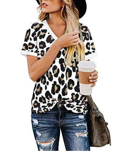 OUGES Women s Basic V Neck Short Sleeve Print T Shirts Summer Casual Tops Blouse Leopard 1 L