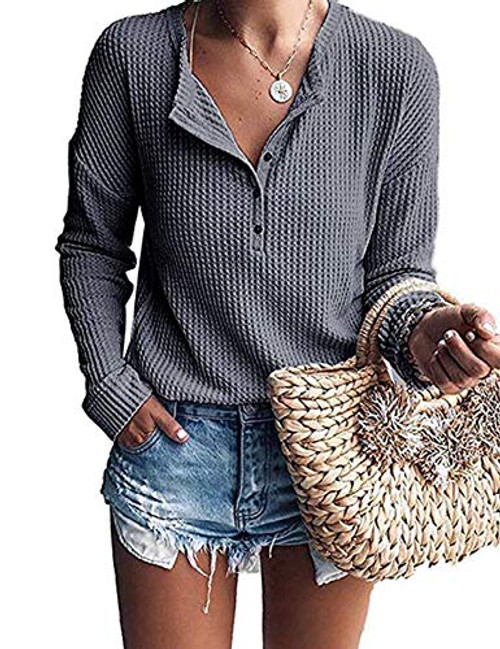 WNEEDU Women s Waffle Knit Tunic Tops Loose Long Sleeve Button Up V Neck Henley Shirts Dark Gray S WNEEDU Women s Waffle Knit Tunic Tops Loose Long Sleeve Button Up V Neck Henley Shirts Dark Gray S