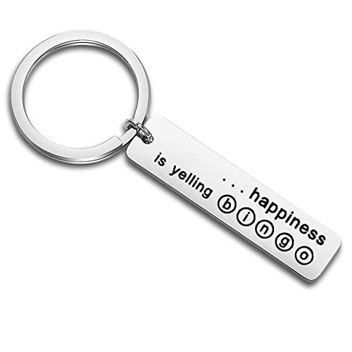 FEELMEM Bingo Key Chain Happiness is Yelling Bingo Stainless Steel Keychain Winning Game Humor Happiness Funny Bingo Gift for Family Best Friend  Silver