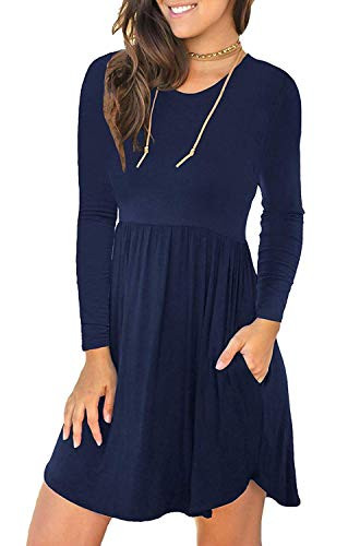 WNEEDU Women s Long Sleeve Loose Plain Dresses Casual Short Dress with Pockets  S  Navy Blue