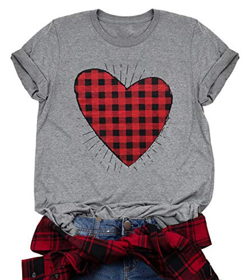 Women Valentine s Day Shirt Buffalo Plaid Leopard Love Heart Graphic Print Shirts Short Sleeve Wife Gift Tee Tops  Grey4  Medium
