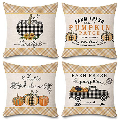 Auomily Fall Pumpkin Patch Pillow Cases Buffalo Plaids Harvest Autumn Farmhouse Decorative Thanksgiving Throw Pillow Covers Cotton Linen Cushion Cover 18x18 inch Set of 4