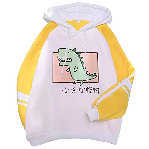 Xinantime Dinosaur Sweatshirt for Womens Cute Hoodies Patchwork Long Sleeve Pullover Tops for Teen Girls Yellow