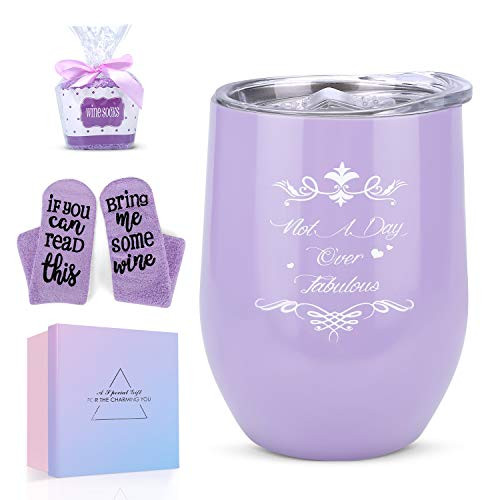 Wine Tumbler Not a Day Over Fabulous Wine Glass Tumbler Stainless Steel Double Insulated with Cupcake Sock Lid Purple Birthday Wine Gifts Basket for Women Sister Aunt Friends Mom 12oz