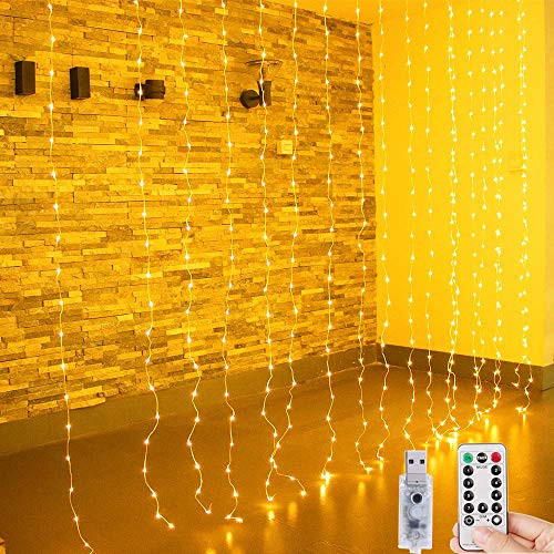 Bolansi String Lights Curtain Window Christmas Fairy Lights String 300 LEDs 8 Modes Twinkle Lights for Wedding Party Home Garden Bedroom Outdoor Indoor Wall Christmas Decoration Warm White with USB