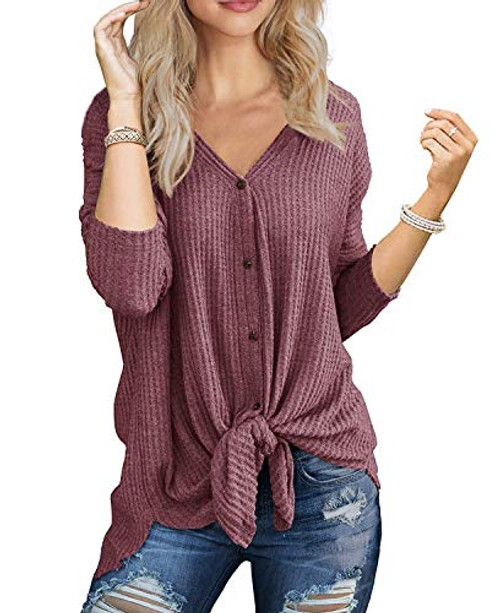 MOLERANI Womens Waffle Knit V-Neck Tunic Blouse Tie Knot Henley Tops Loose Fitting Bat Wing Plain Shirts  M  Mauve