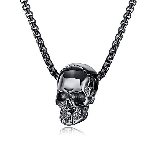 jonline24h Mens and Womens Stainless Steel Skull Biker Punk Rock Pendant Necklace 22inch Chain Gold Silver Black  Black