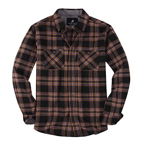 Alex Vando Mens Button Down Shirts Regular Fit Long Sleeve Casual Plaid Flannel Shirt Black Brown.L