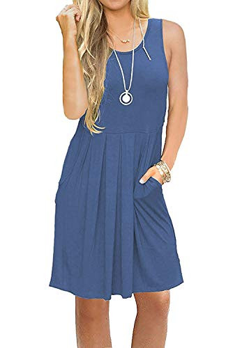 AUSELILY Women s Solid Plain Sleeveless Pleated Loose Swing Casual Dress with Pockets Knee Length Medium Blue Grey Blue  L 01Beja Blue