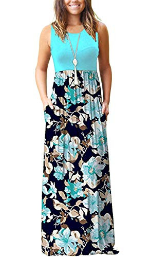 AUSELILY Women s Summer Sleeveless Loose Plain Maxi Dress Casual Long Dress with Pockets  S  Light Blue