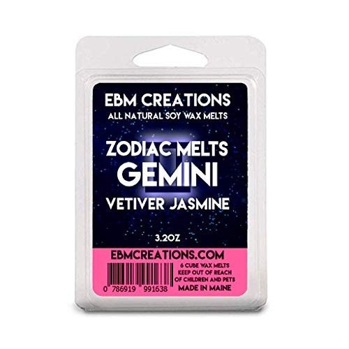 Zodiac Melts - Gemini - Vetiver Jasmine - Scented All Natural Soy Wax Melts - 6 Cube Clamshell 3.2oz Highly Scented Zodiac Melts - Gemini - Vetiver Jasmine - Scented All Natural Soy Wax Melts - 6 Cube Clamshell 3.2oz Highly Scented