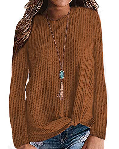 MISFAY Womens Casual Top Long Sleeve Cute Twist Knot Waffle Knit Shirts Tops  Large  Rust Yellow