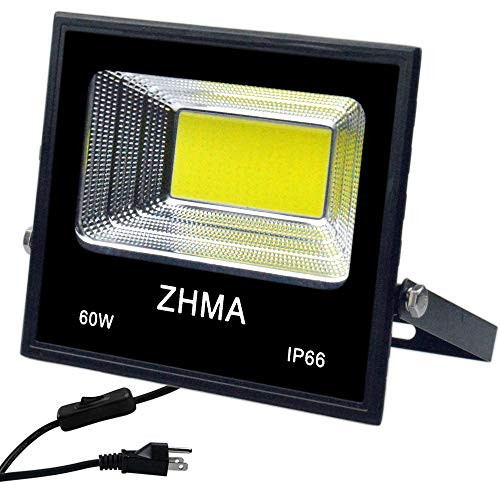 60W LED Flood Light Waterproof Outdoor Lights  ZHMA Super Bright Work Light with Plug  and  Switch  Security Landscape Light Fixture for Garage  Garden  Backyard. 5400lm  6500K White Light Spotlight