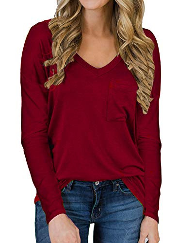 Hount Womens Fall Shirts Loose Fitting Casual Long Sleeve Blouses V Neck Plus Size Tunic Tops  XX-Large  Wine Red