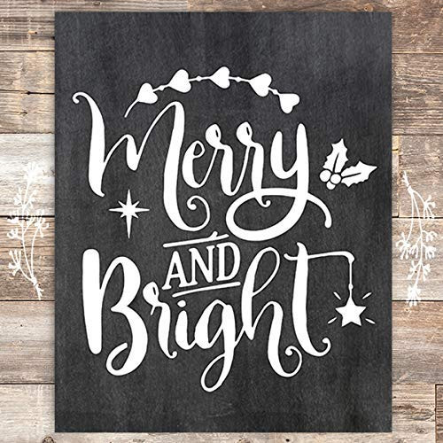 Merry and Bright Chalkboard Christmas Art Print - Unframed - 8x10
