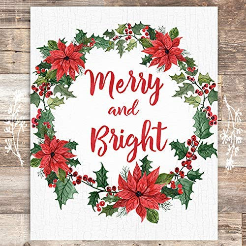 Merry and Bright Wreath Christmas Art Print - Unframed - 8x10