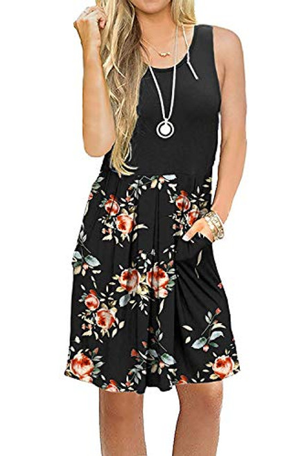 TODOLOR Women Casual Pleated Swing Pocket Loose Sleeveless Sundresses Knee Length Summer Tank Dress Black Rose Black XL