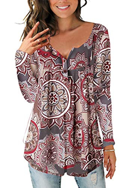 Ophestin Womens Long Sleeve Floral Tops Henley V Neck Loose Tunic Blouse Shirt Light Brown Size S Ophestin Womens Long Sleeve Floral Tops Henley V Neck Loose Tunic Blouse Shirt Light Brown Size S