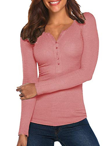 Tobrief Womens Fitted Long Sleeve V Neck Button Down Henley Shirts Pink S