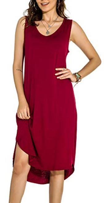 Chvity Women s Solid Sleeveless V Neck Casual Summer Tank Dress Sundress  Wine Red L