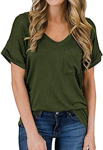 Hount Womans V-Neck Shirts Short Sleeve Loose Tunic Tops Summer Casual Plus Size T-Shirts  XX-Large  Army Green